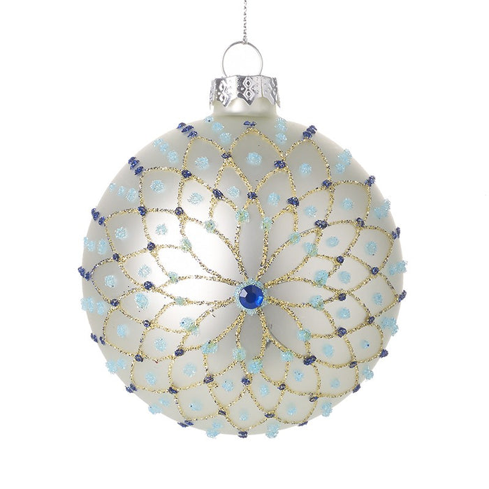 Gold and Blue Gems on White Glass Bauble